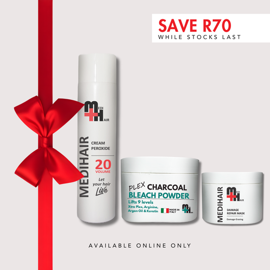 20 Vol Peroxide 250ml + Plex Charcoal Bleach Powder 200g + Damage Repair Mask 50g